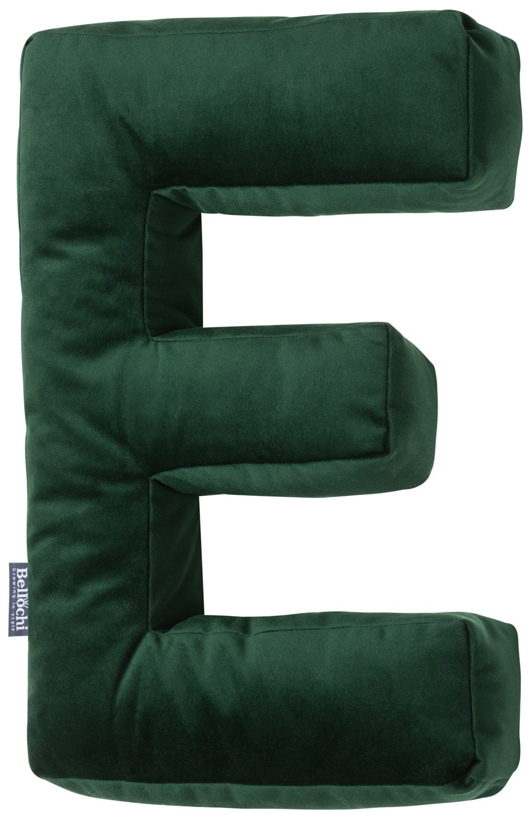 Cuscino decorativo a forma di lettera ‘E’ di colore verde scuro