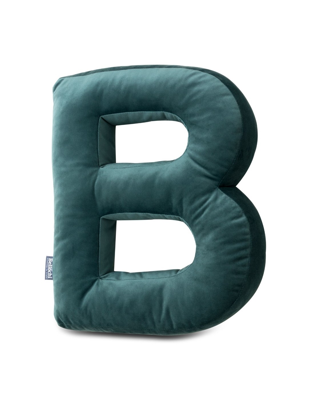 Cuscino decorativo in velluto a forma di lettera B di colore verde scuro